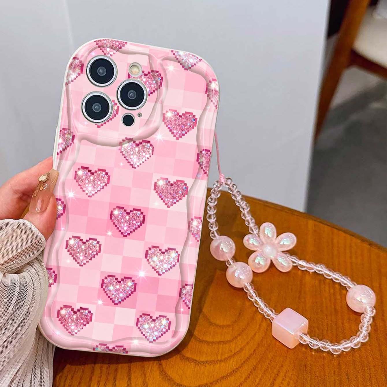 Grid Glitter Heart Lanyard Pattern Tpu Wave Edge Anti-Drop Phone Case for Apple iPhone 17 Pro Max/16/16 Pro Max/11/13/14/15, Girl's Gift
