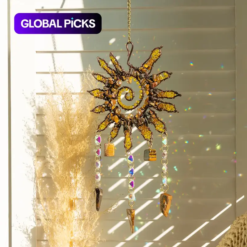 Sun Design Crystal Hanging Decorative Pendant, 1PC Bohemian Style Sun Catcher, Natural Gravel Hand-Wrapped Pendant, Indoor Outdoor Office Room Hanging Dream Catcher, Hanging Ornaments, Decoration Items, Birthday, Christmas, Valentine'S Day Gift