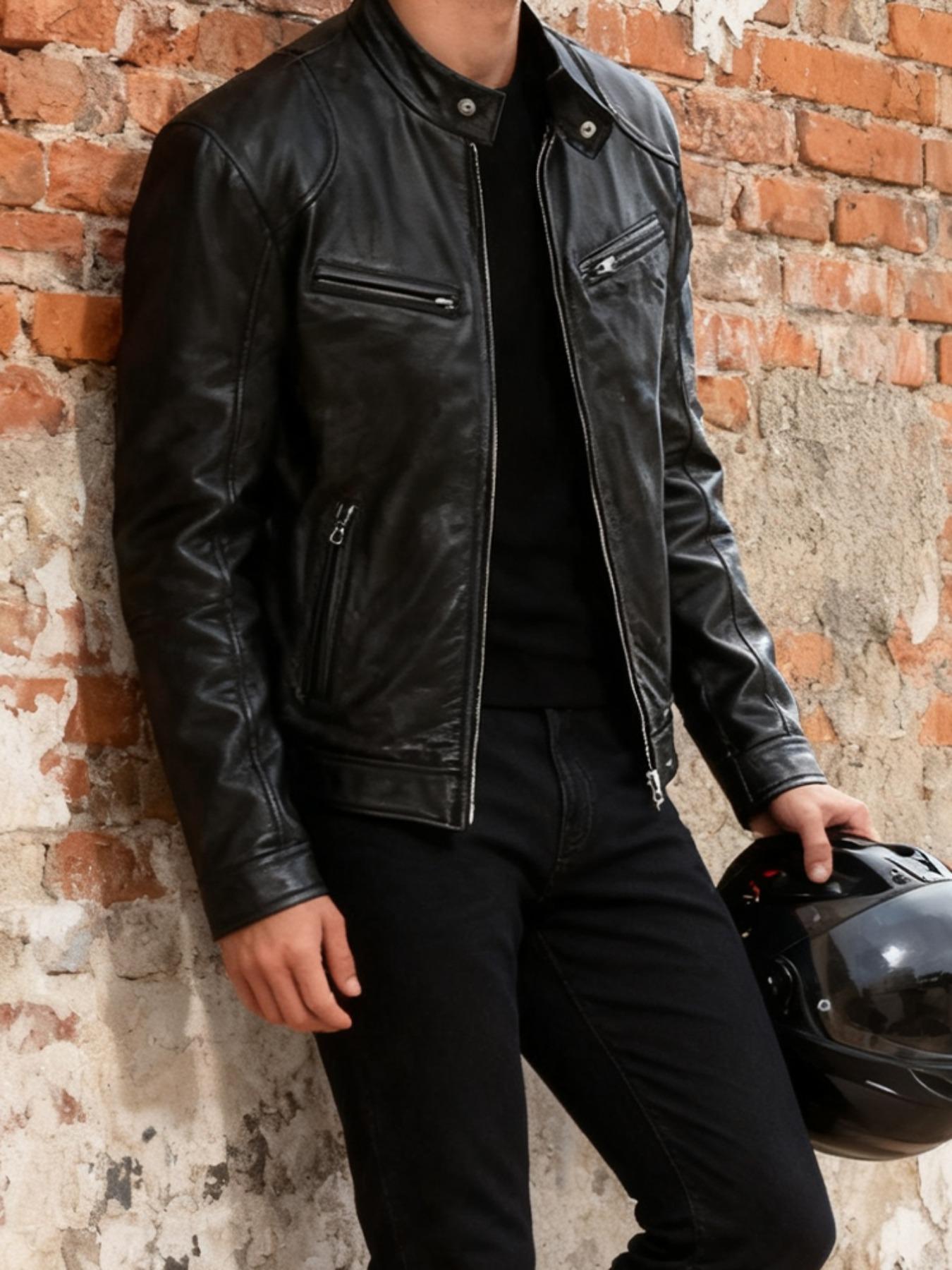 Men's Leather Jacket Spring & Fall Plain Casual Vintage Motorcycle Outerwear, Fitted Short Coat for Outdoor Riding
