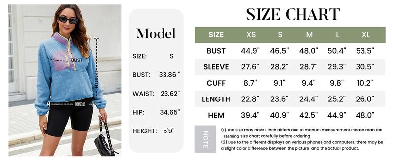 Tanming Womens Cropped Sherpa Fleece Pullover Zip Up Jacket with Pockets Soft Fuzzy Lightweight Warm Coat Outerwear Womenswear Baggy Long Sleeve