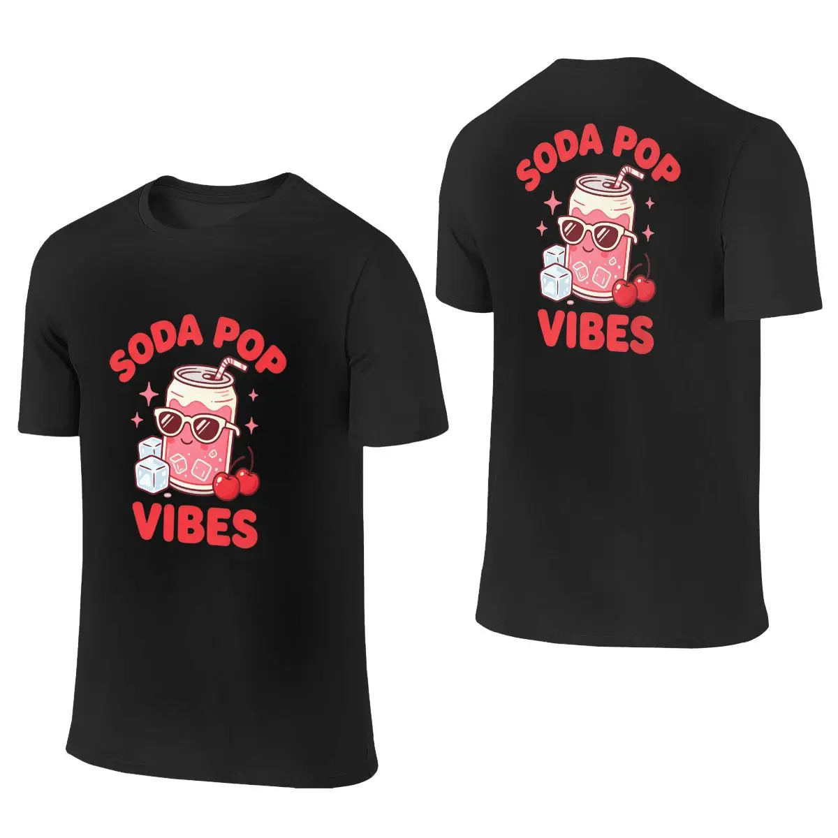 Unisex Retro Soda Pop Character Double-Sided Print Sports T-Shirt - Cherry Soda Themed Short-Sleeve Crew Neck Nostalgic Casual Top for Beverage Fans