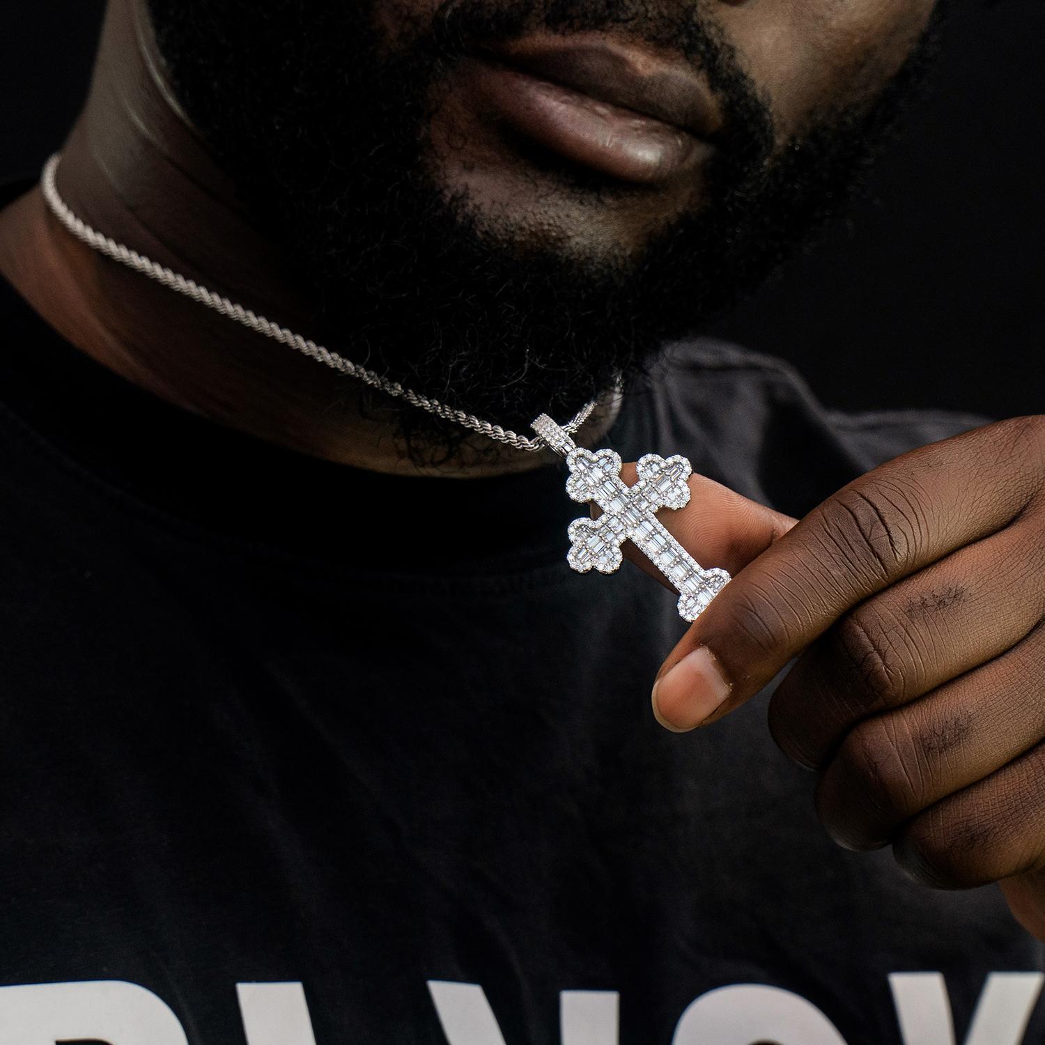 Delzzad Cross Pendant VVS Micro Pave Baguette Synthetic Moissanite S925 Crossnecklace Unisex Necklace Jewelry Wedding Anniversary Engagement Christmas Gift for Men Women