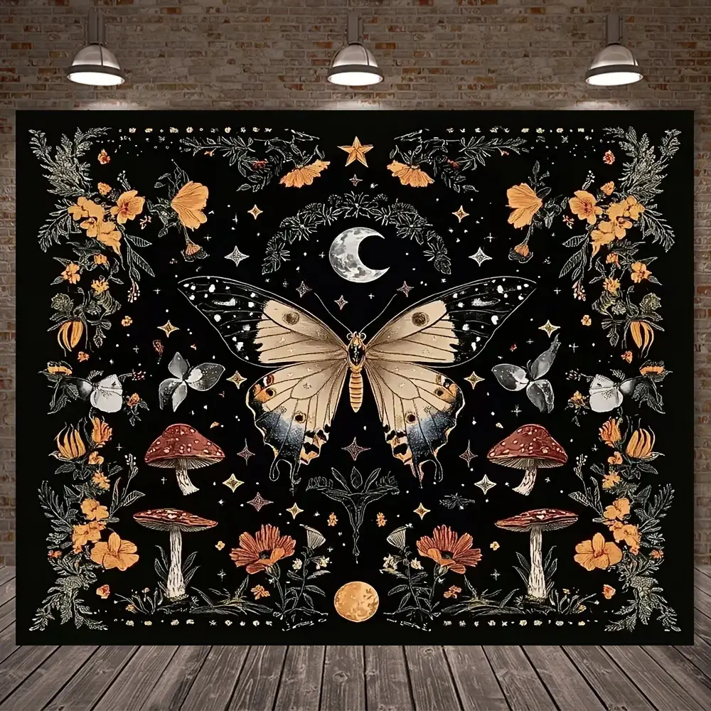 Bohemian Butterfly & Floral Tapestry - Vibrant Celestial Polyester Wall Mural with Moon, Stars, Mushrooms, Boho Floral Design, Flower Pattern Tapestry, Perfect for Bedroom, Home Decor, Party Themes, Single Piece,sohochic