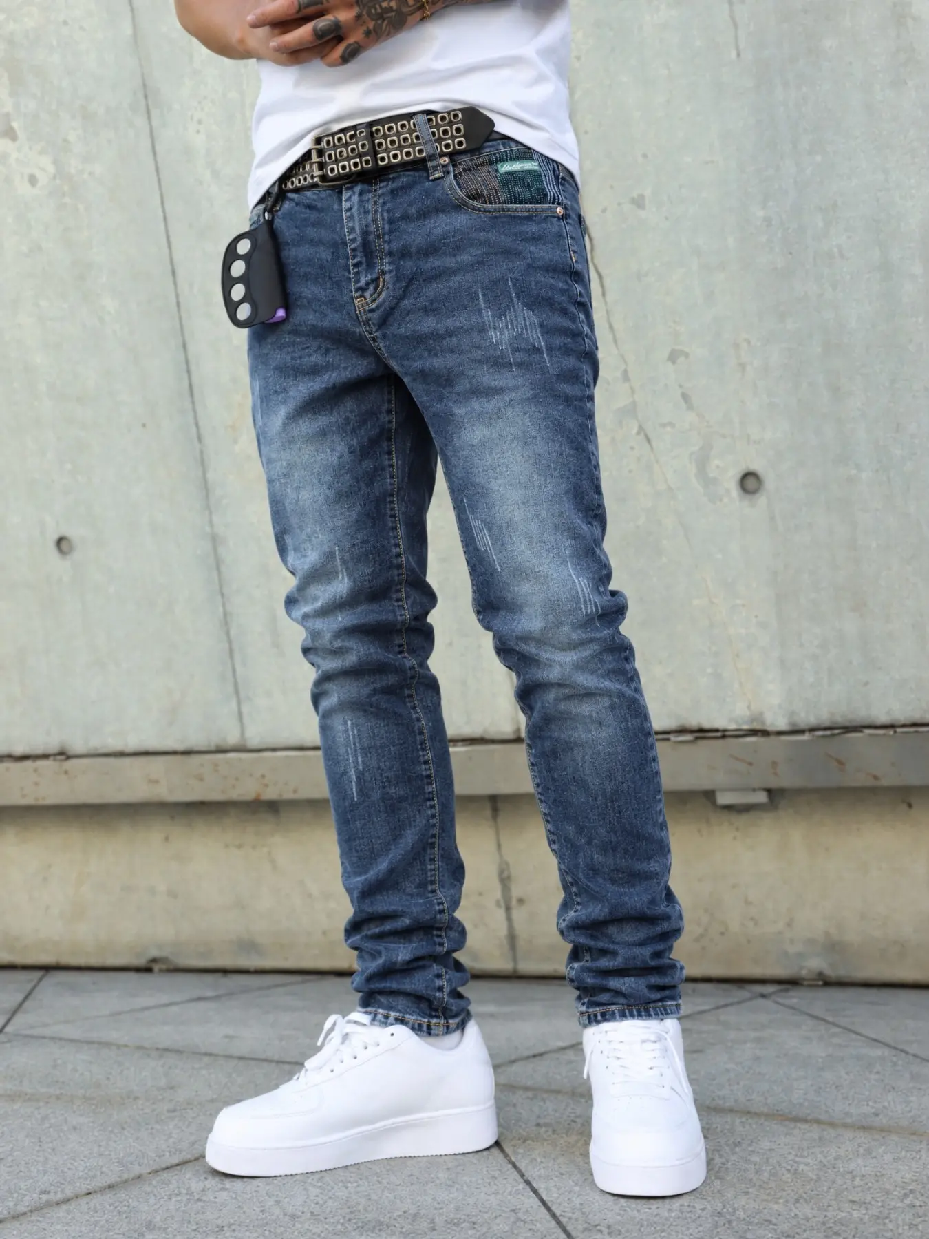 Men's Slim Fit Stacked Jeans, Vintage Washed Denim Jeans, Back Pocket Embroidery Details, Scratched Mustache Mark, Elastic Street Style Long Pants