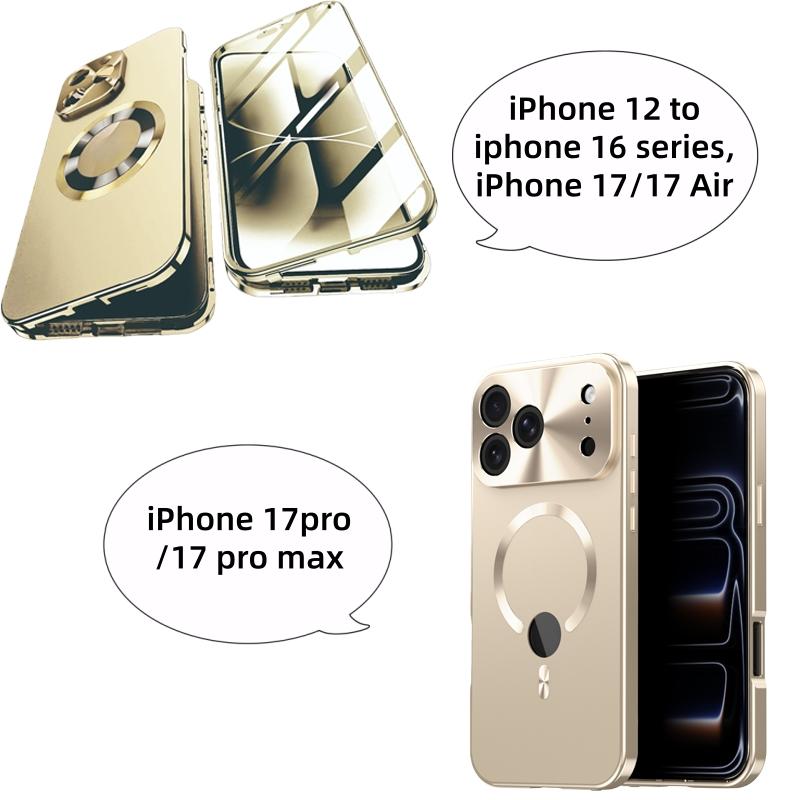 High-Definition Privacy Protection Case, Strong Magnetic Metal Frame, Dual-Sided Transparent Glass, Lens Protector, Compatible with iPhone 17 16 15 14 13 12 Plus Pro Max E Air