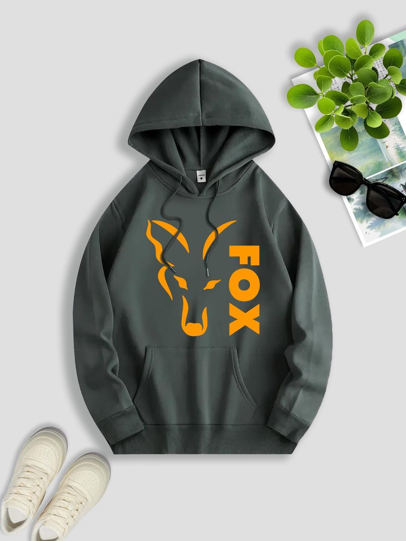 Men's Fall Winter American Streetwear Fox Print Hooded Fleece Sweatshirt, Versatile Sportswear Casual Loose Fit Hoodie