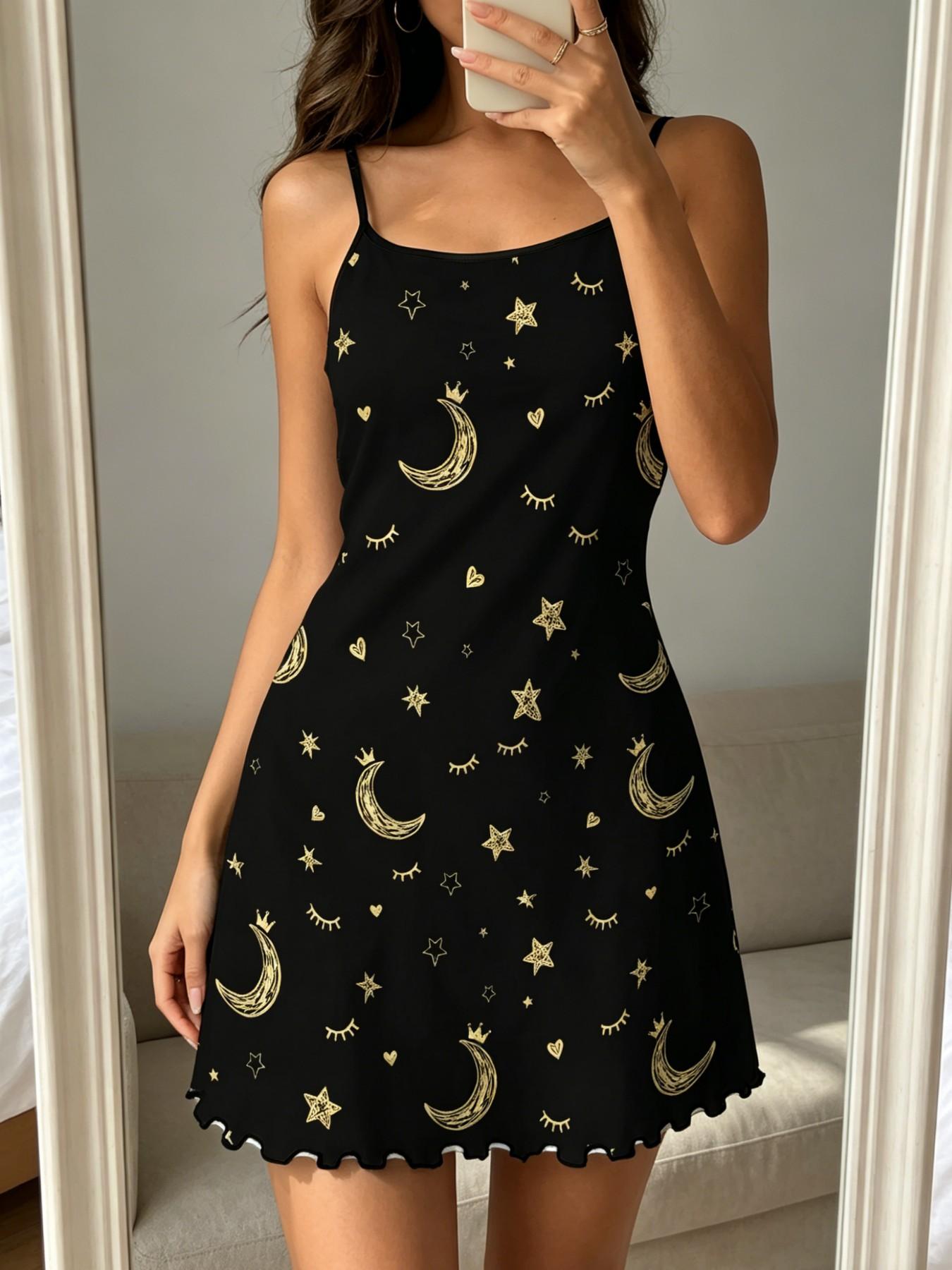 Colorblock Boho Nightdress, Moon Star All over Print, Soft Stretch Milk ...