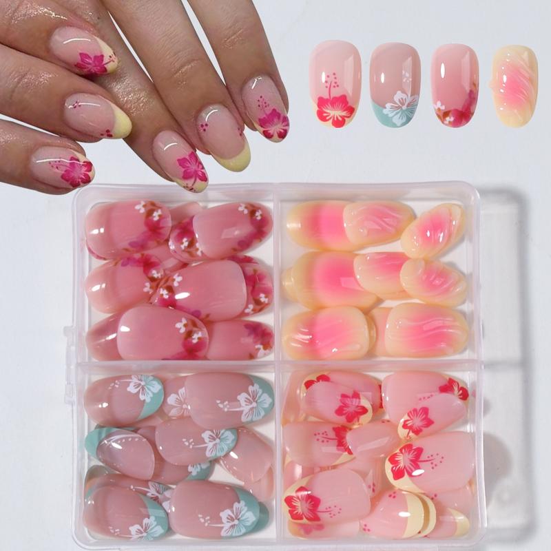 96pcs Short Oval False Nails, Acrylic Fake Nails, Multicolor Floral French Style, Y2K Acrylic Press-On Nails, Reusable for Women and Girls