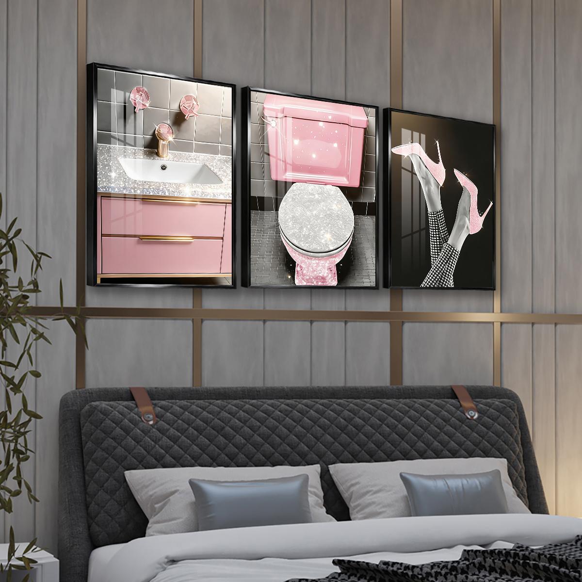 3 Counts Aluminum Alloy Framed Painting, Pink Glam Bathroom And High Heels Art Pictures, Home Decoration For Living Room, Bedroom, Office, Restaurant, Hallway Wall Decor, Odorless Print Artwork, Luxury Perfect Gift For Friends And Family