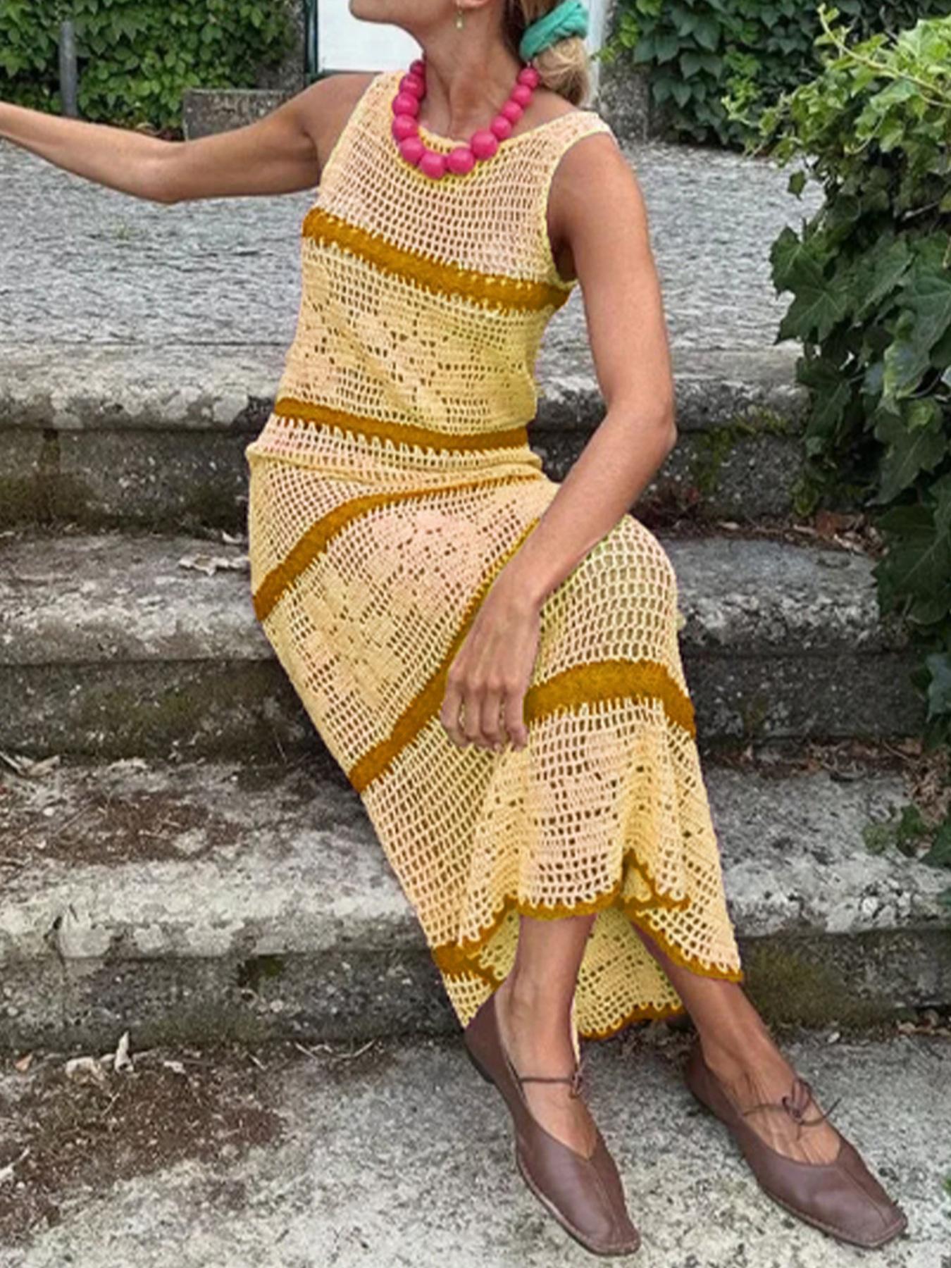 Women's Colorblock Crochet Sweater Dress, Casual Sleeveless Fitted Knitwear for Summer, Fashion Women's Clothing for Daily Wear, Womenswear, Piece