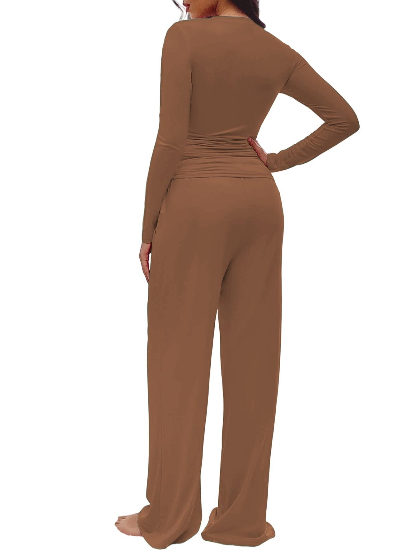 Women's Solid Ruched Drawstring Loungewear Set, Casual Long Sleeve Round Neck Top & Pocket Wide Leg Trousers, Ladies Sleepwear for All Seasons