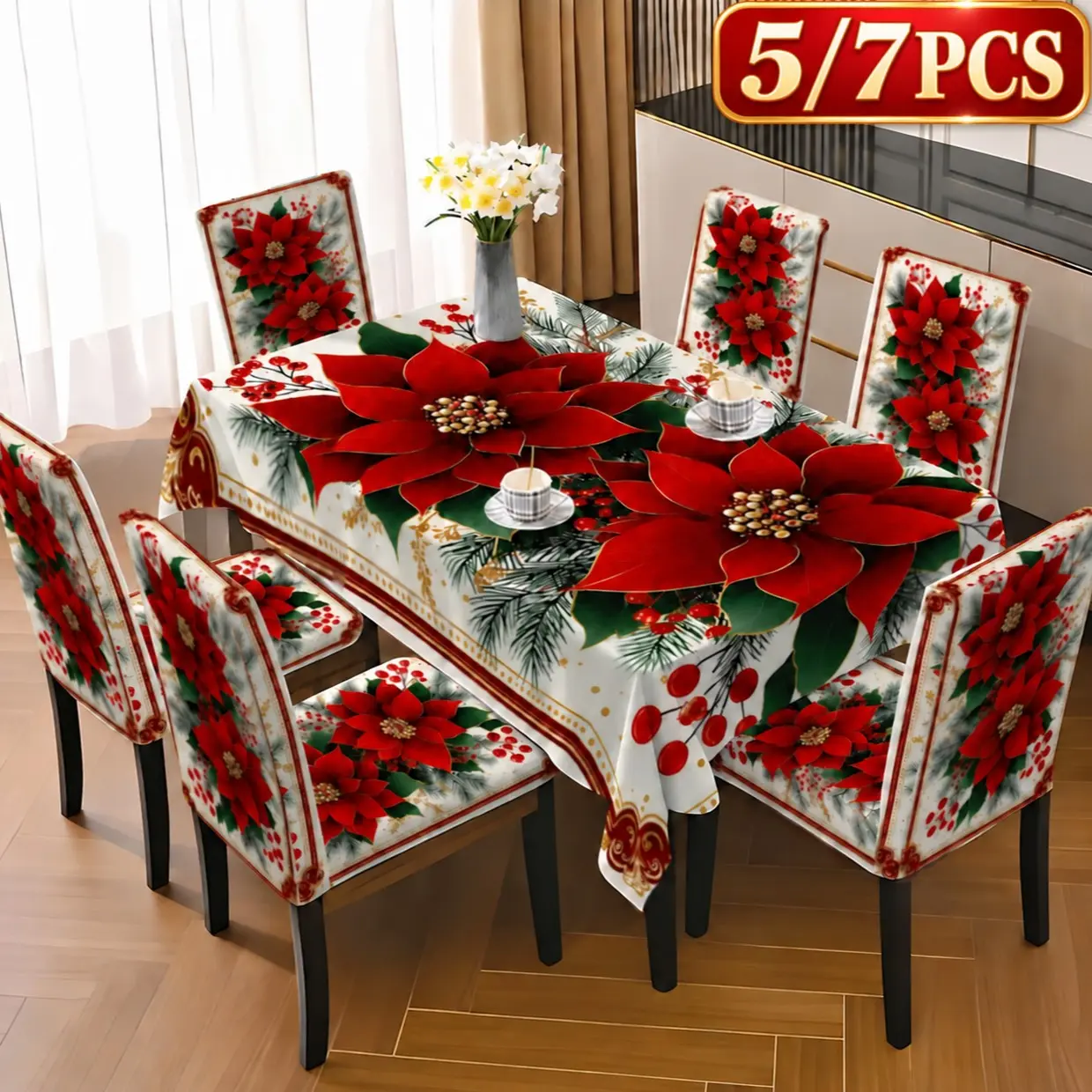 5/7 Piece Red Poinsettia Christmas Tablecloth and Chair Cover Set, 2D Flat Printed Dining Table Cover with Stretch Full Cover Chair Protector, Washable Holiday Table Linen Set for Home, Restaurant, Christmas Party, Family Gathering