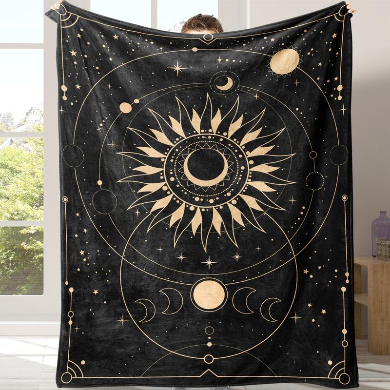 Bedroom Decor Home Blankets, Sun & Moon Pattern Flannel Blanket, Soft Throw Blanket for Sofa, Bed, Air-conditioned Room, Travel, Camping, Office, Room Essentials, Summer Essentials, Bedroom Accessories, Gift Ideas