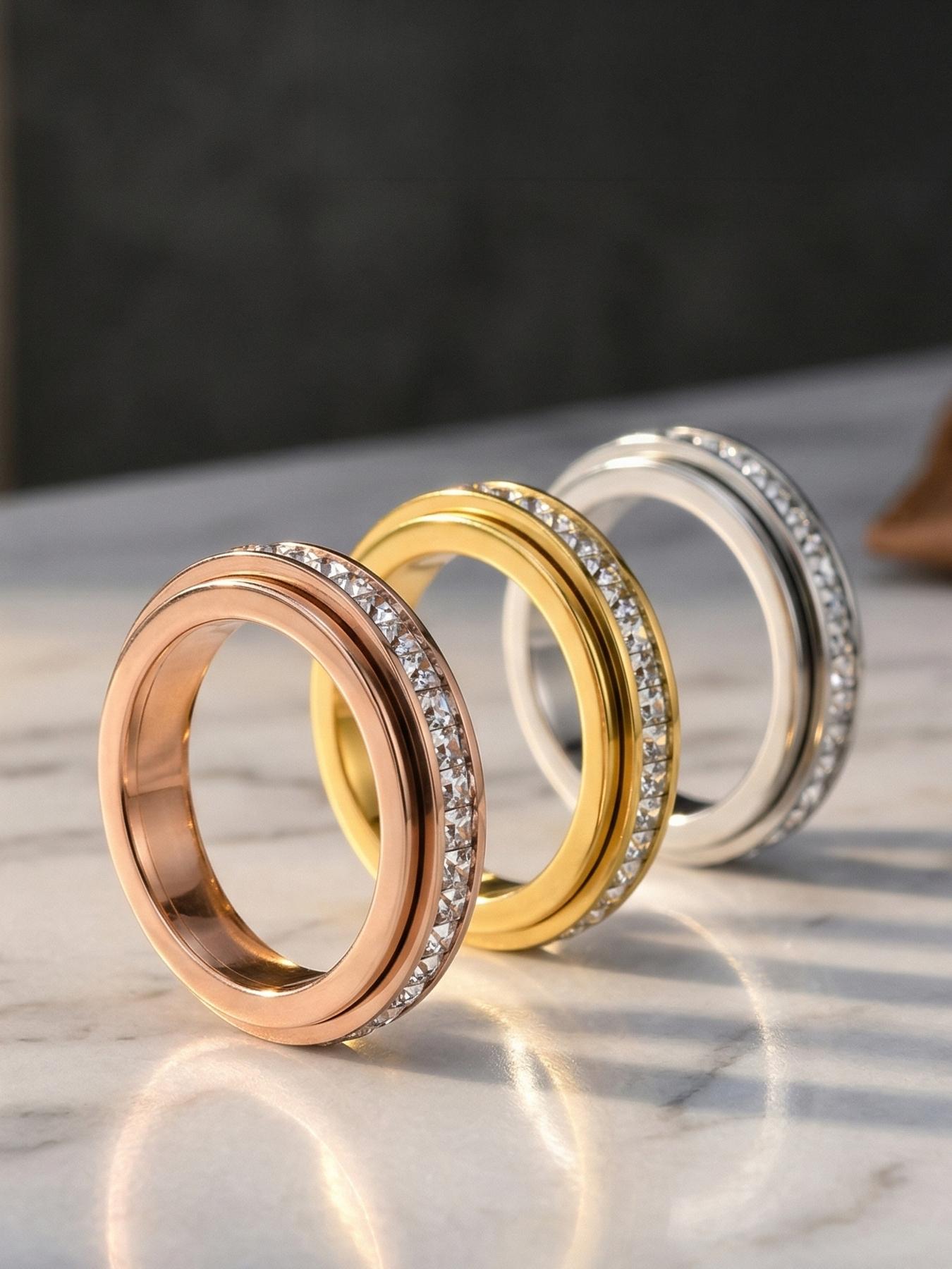 3-piece 18K anti-anxiety ring, fortune-turning rotating stress-relieving ring inlaid with zirconia to relieve anxiety # Jewelry/Stainless Steel/Fade-resistant/Allergy-proof/Couples/Festivals/Parties/Ideal Gift