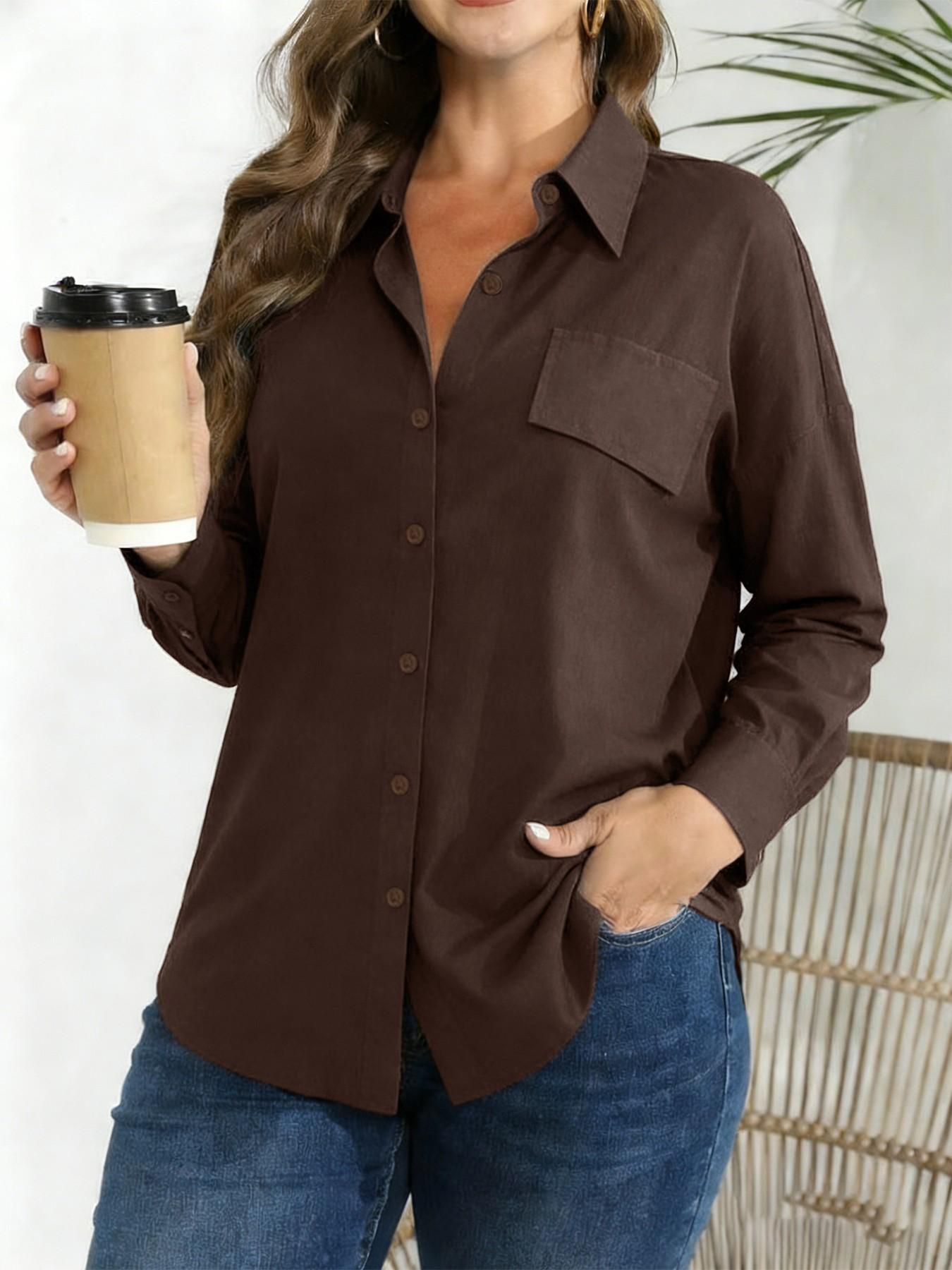 Fashion Curve Plus Size Solid Color Oversized Collared Button-Down Shirt，Casual Loose-Fit Long-Sleeve Pocket Blouse, Trendy Street Style Outfit, Office Layering Top