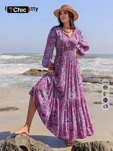 Women's Boho Style Long Sleeve Woven Dress, Fitted Waist Design, Comfortable & Stylish for All Seasons, Perfect for Casual