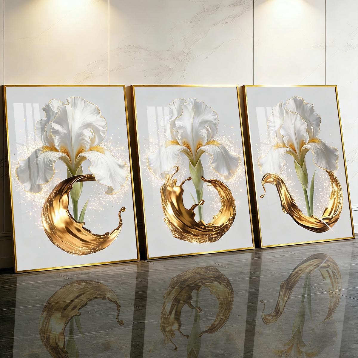 3 Counts Aluminum Alloy Framed Painting, Elegant White Iris And Golden Splash Art Pictures, Home Decoration For Living Room, Bedroom, Office, Restaurant, Hallway Wall Decor, Odorless Print Artwork, Luxury Perfect Gift For Friends And Family