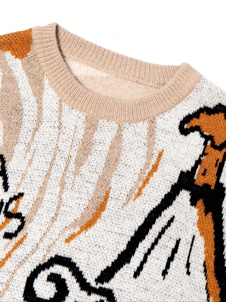 Autumn Winter Unisex Casual Knit Pullover Sweater, Round Neck Long Sleeve Cartoon Pattern Top, Loose Fit School Back-To-School Wear