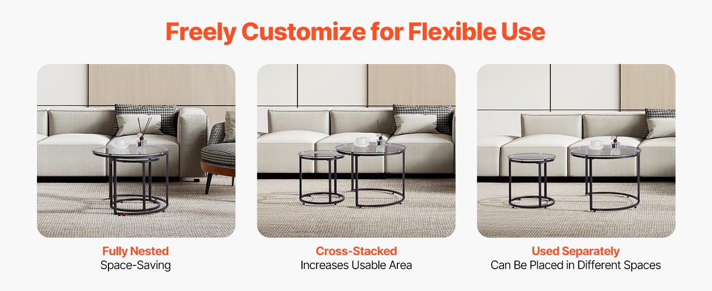 VEVOR Nesting Coffee Table Set of 2, 23.6 in Round Coffee Table, Glass Nesting Tables for Small Place, Modern End Side Tables Night Stand with Metal Frame, for Living Room, Bedroom, Balcony, Office