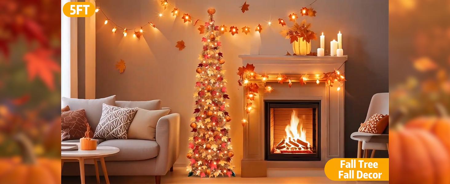 5 FT Lighted Fall Tree Decor with Warm White Lights, Halloween Thanksgiving Pumpkin Tree Decorations for Home, Battery Operated Maple Tree for Indoor Harvest Party