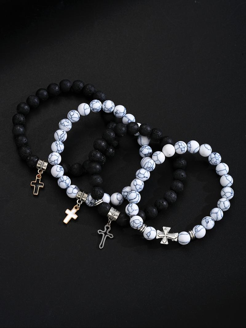 Men's Vintage Cross Charm Beaded Bracelet, Fashionable Jewelry for Party, Daily Clothing Decor, Trendy All-match & Exquisite Jewelry for Birthday Gift, Cross Beads Bracelet