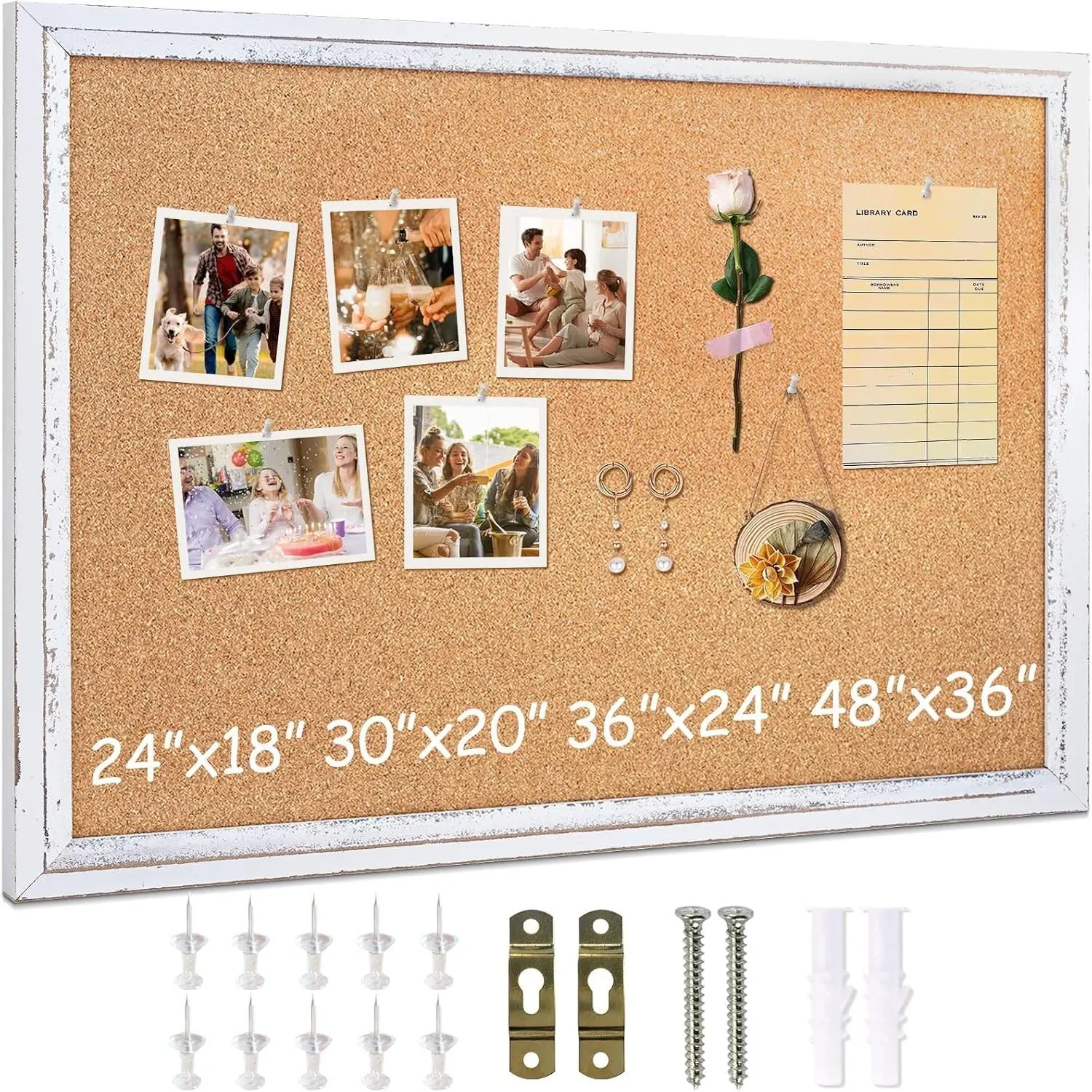 White Cork Board, 24" X 18" Rustic Framed Bulletin Board | Decorative Pin Board, Wall Hanging, For Office & Home Decor Memo Display, With Pins