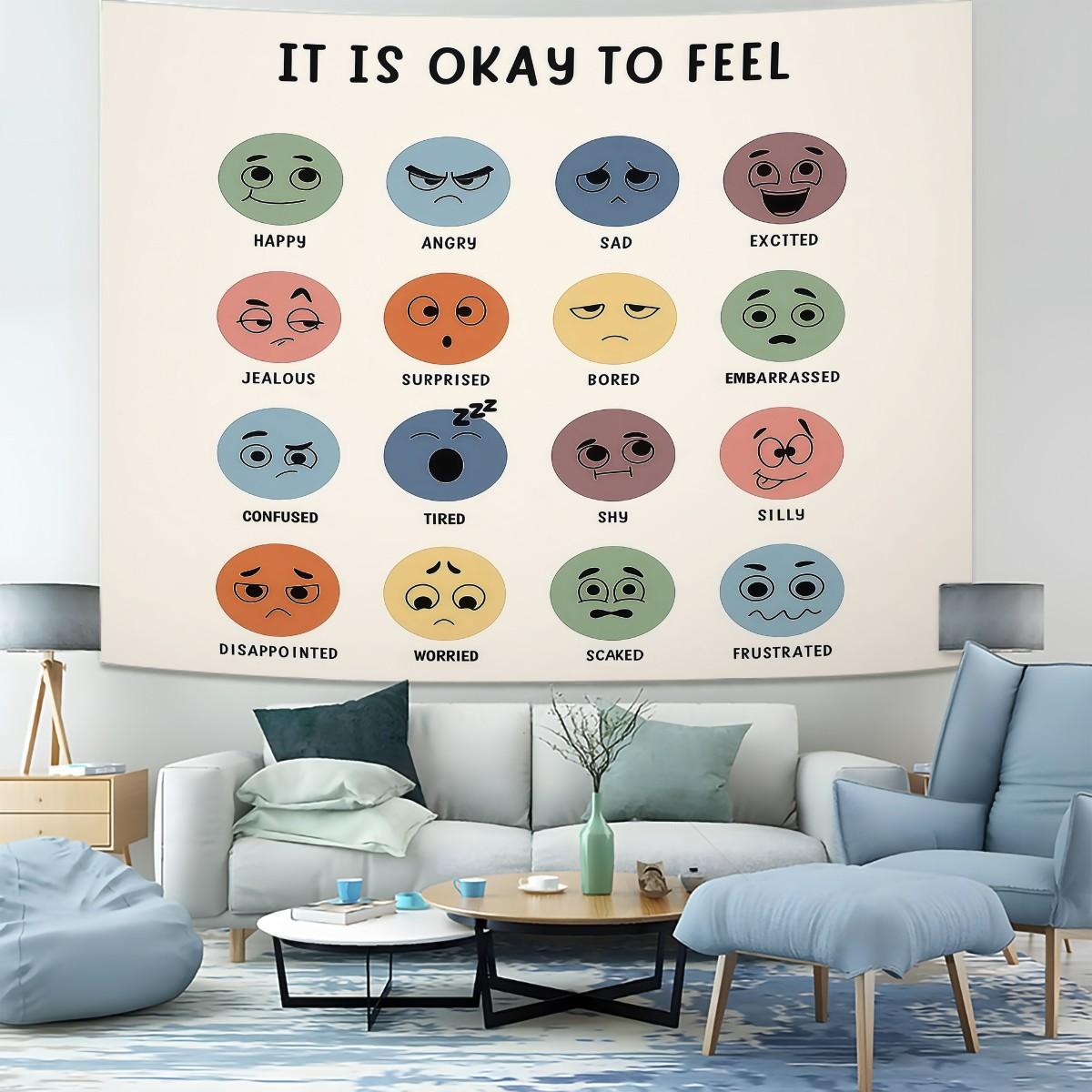 It Is Okay to Feel Emotion Chart Tapestry, Mental Health Awareness Wall Hanging, Colorful Mood Faces Tapestry for Bedroom Living Room Office, Positive Affirmation Wall Decor, Ideal Gift for Teens & Adults