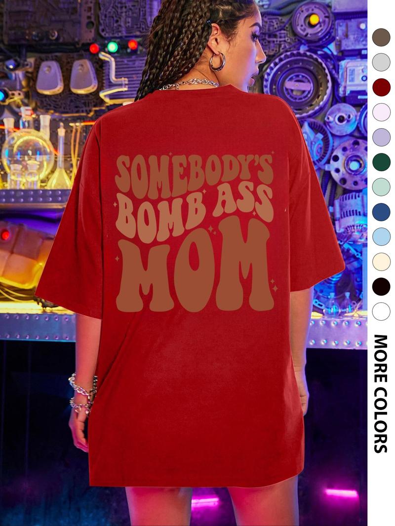 Women's Letter & Cartoon Face Print Drop Shoulder Tee, Casual Half Sleeve Round Neck T-Shirt for Daily Wear, Ladies Clothes for All Seasons