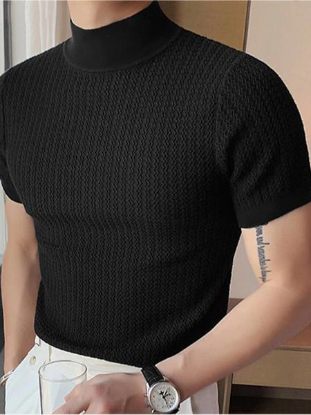 Men's Solid High Neck Knit Water Ripple Short Sleeve T-Shirt, Stylish Casual Sport Underwear, Outdoor Travel and Daily Leisure Essential Unisex Neutral Men's Solid High Neck Knit Water Ripple Short Sleeve T-Shirt, Stylish Casual Sport Underwear, Outdoor Travel and Daily Leisure Essential Unisex Neutral