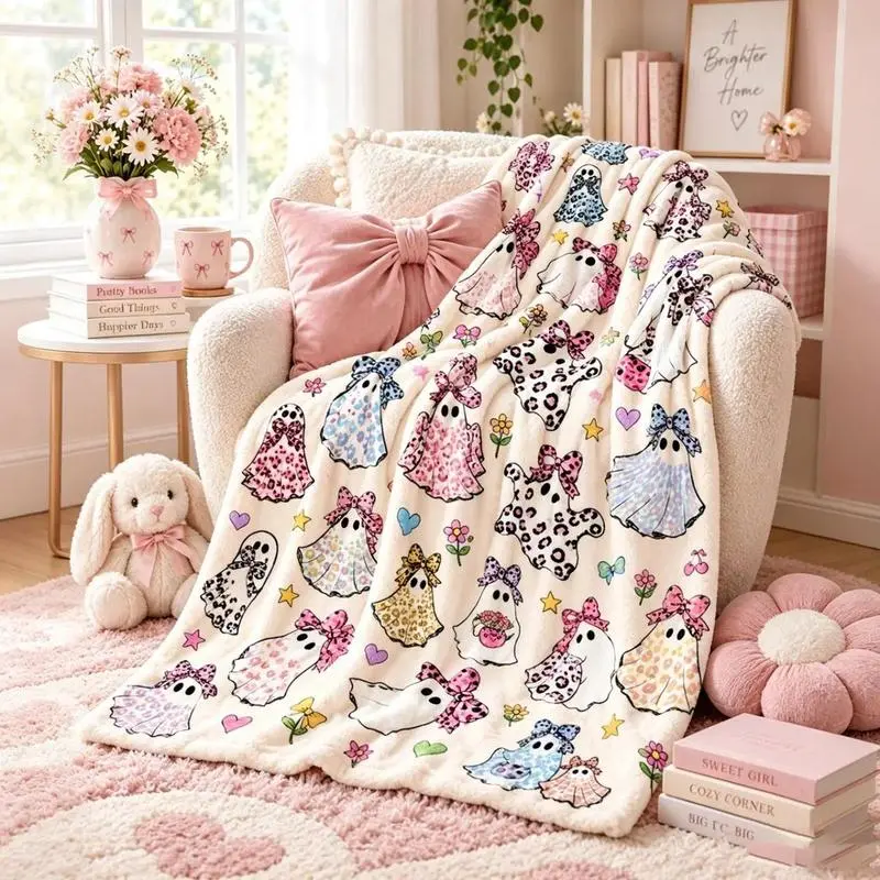 Cute Bow Ghost Flannel Throw Blanket, Retro Coquette Halloween Print with Colorful Leopard Floral Ghost Bow Pattern, Soft Warm Lightweight Cozy Blanket, Adult & Baby Blanket for Sofa Bed Couch, Perfect Halloween Thanksgiving Christmas Holiday Home Decor G