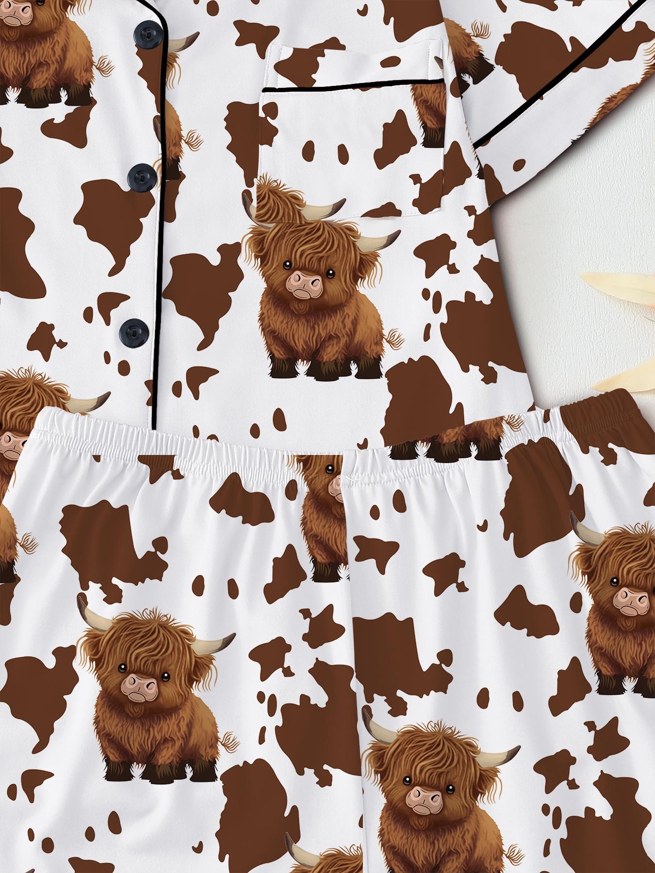 Valentine's Day Women's Sleepwear Pajama Loungewear Set, Comfortable Cute Elastic Highland Cow Milk Cow Pattern Shirt and Pants Two-Piece Suit