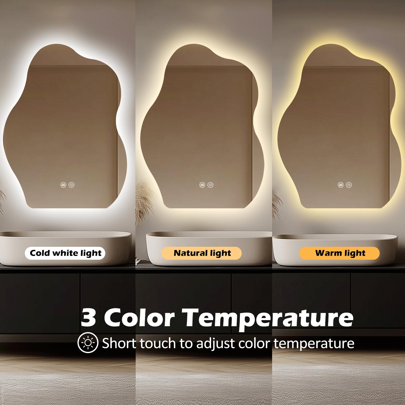 Yoding LED Bathroom Mirror 24x32" Stepless Dimmable Irregular Mirror with Light Anti-Fog Memory Al-Alloy Lampshade Frameless Water Proof Makeup Mirror for Bathroom Vertical Only