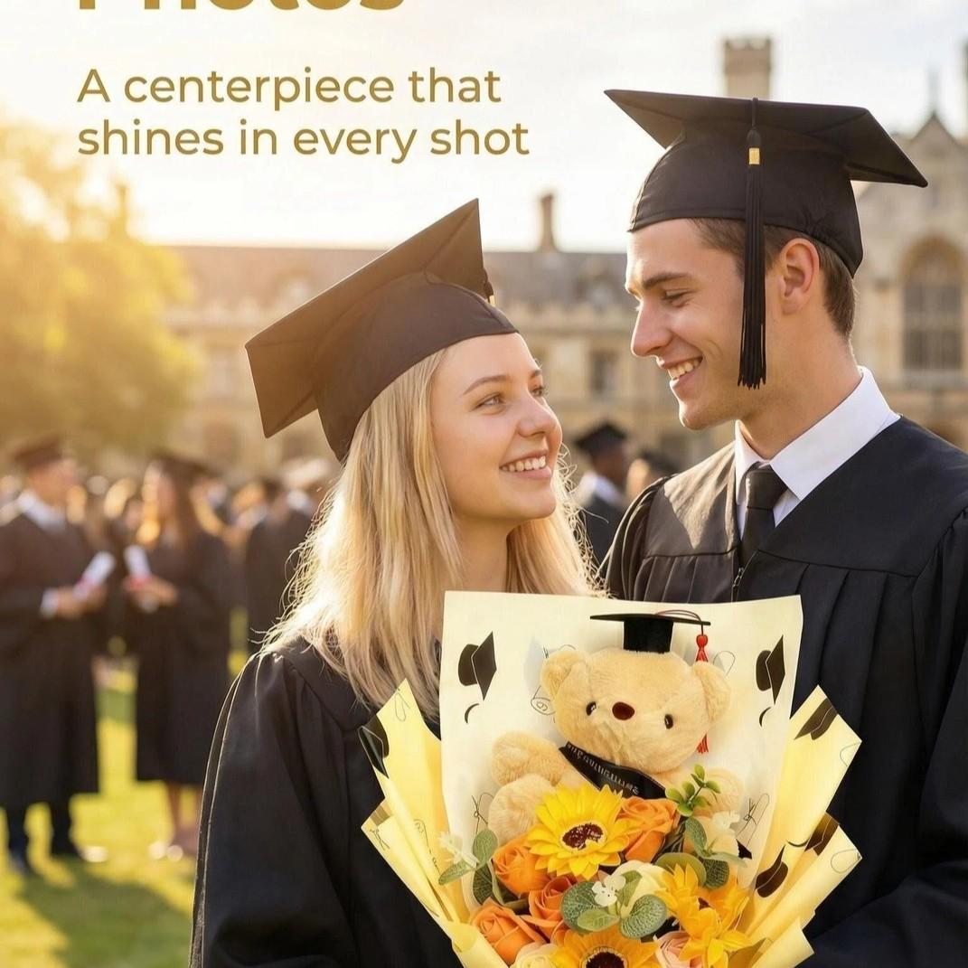 Graduation Teddy Bear Bouquet with Sunflower Soap Flowers, PhD Bear Plush Stuffed Animal in Window Gift Box, Artificial Floral Arrangement, Class of 2026 Gift for Friend