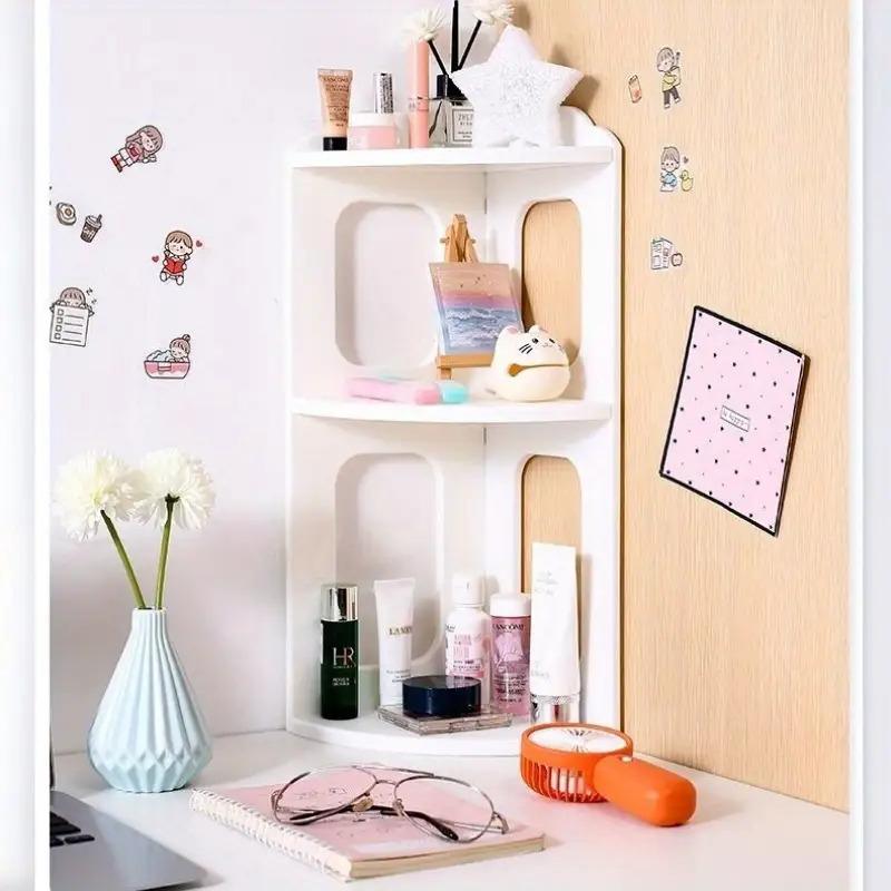 Space-Saving 3-Tier Corner Shelf, Stylish PVC Storage Rack with Round Corners, Ideal for Books, Cosmetics, Office Supplies