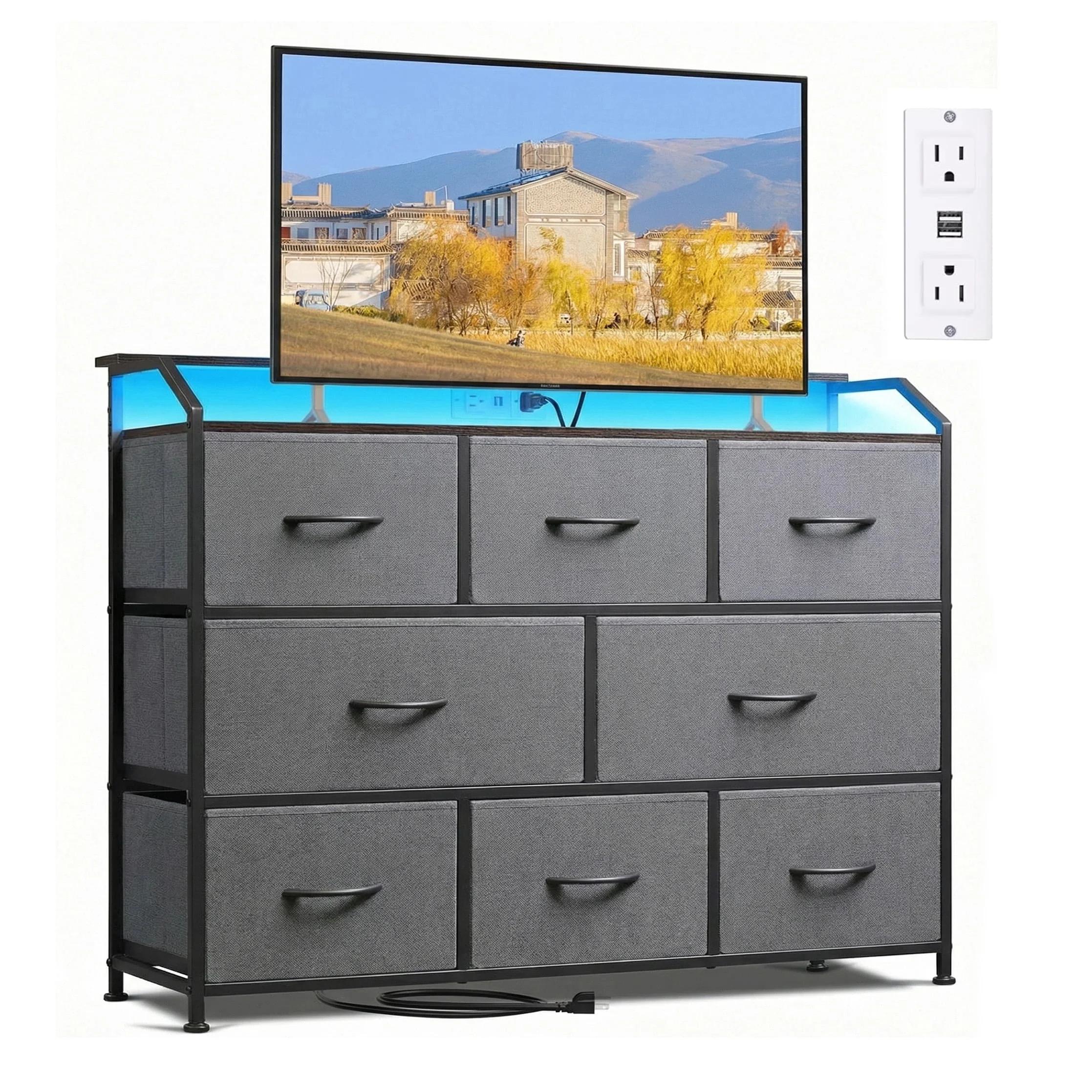 Fabric Drawer Dressing Table with Power Outlets and LED Lights, Multi-Functional TV Cabinet & Storage Cabinet with Built-in Electrical Sockets, Black Fabric Drawers with Metal Frame, Perfect for Bedroom, Living Room & Media Storage