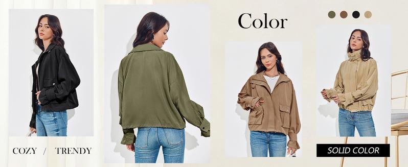 Danedvi Womens Cropped Bomber Jacket Long Sleeve Zip Up Casual Coats Loose Fit Outerwear with Pockets Danedvi Womens Cropped Bomber Jacket Long Sleeve Zip Up Casual Coats Loose Fit Outerwear with Pockets