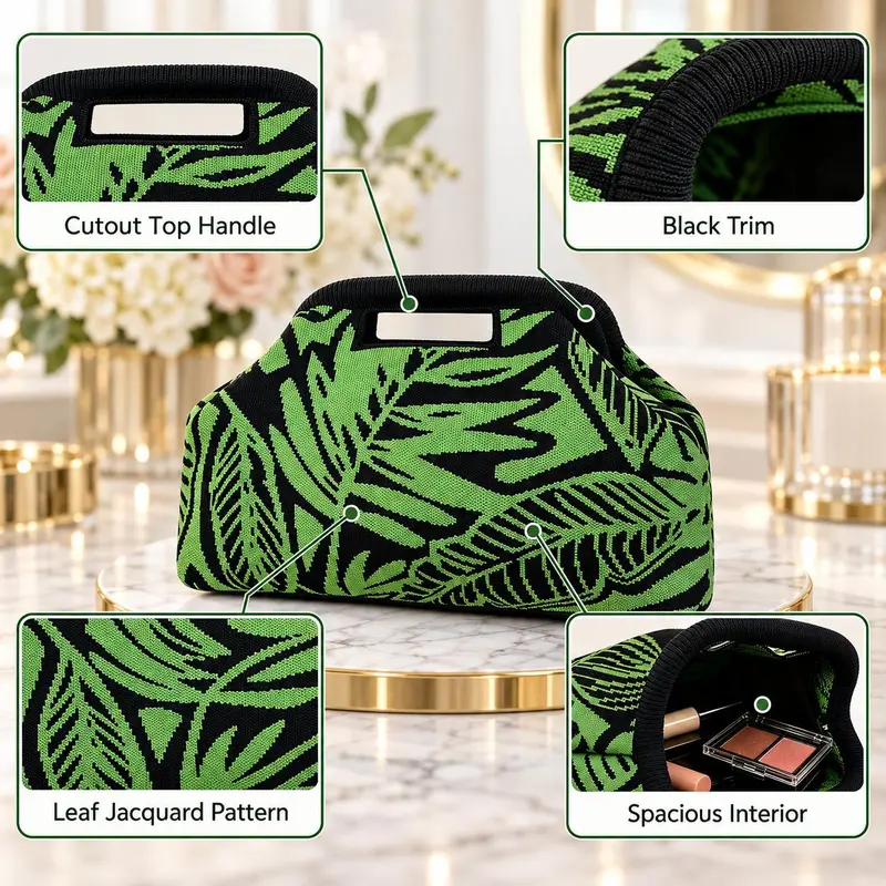 Women’s Green Leaf Cosmetic Bag, Large Capacity Makeup Organizer with Cutout Handle, Knitted Jacquard Travel Toiletry Pouch for Makeup, Skincare, Brushes and Daily Essentials, Portable Beauty Storage Bag for Women, Vacation and Home
