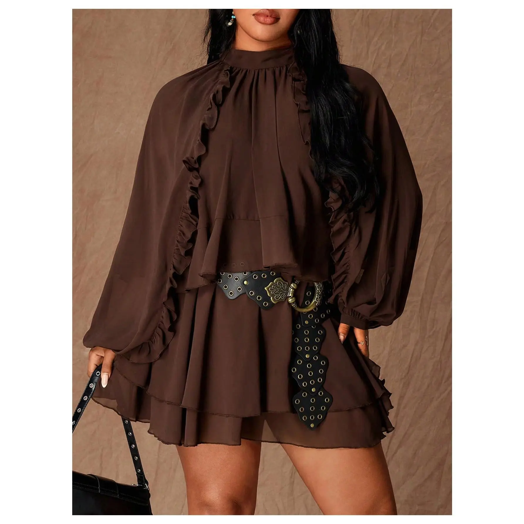 Plus Size Chiffon Short Dress Y2k Ruffle Layered Mock Neck Long Sleeve A Line Flowy Dresses
