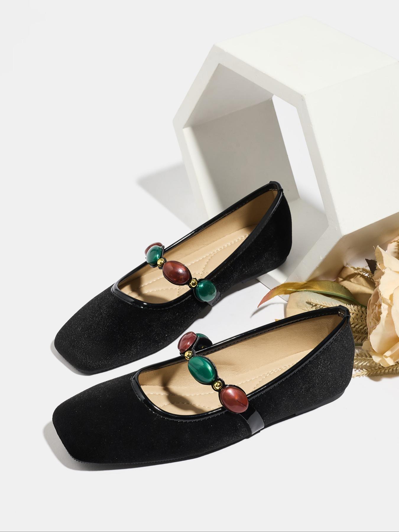 Women's Plus Size Retro Square Toe Flat Shoes Slip-On Comfortable Soft Sole Mary Jane Flats with Gem Decoration Casual Commuter Shoes All Seasons Footwear