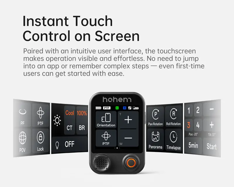 Product Introduction of hohem iSteady V3 Ultra Gimbal,Detachable Touchscreen Remote,Advanced AI Tracking with any App,360° Infinite Pan Tracking,Select People&Obeject on Touchscreen to Track,3-Color Fill Light,3-Axis Stabilization, Compatible with most iPhone&Android series 10