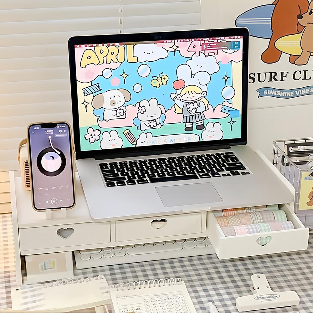 Computer Height Adjustable Stand Desktop Display Holder Multi-Functional Desk Organizer Laptop Drawer Pad Rack