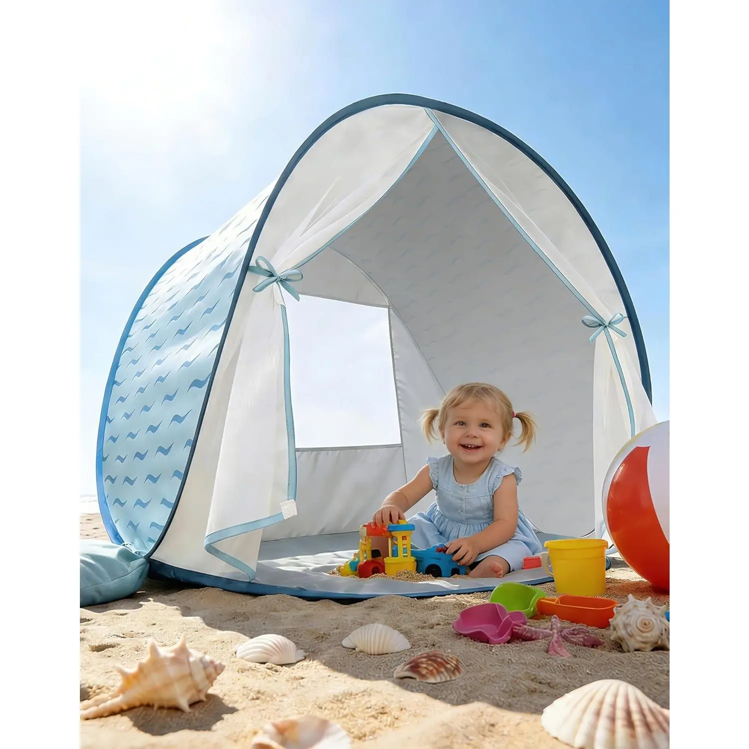 Baby Beach Tent, 2026 New Pop-Up UPF 50+ Sun Protection with Mosquito Net Shelter Canopy Portable Outdoor Shade Summer Essentials for Babies Toddlers - Blue Wave