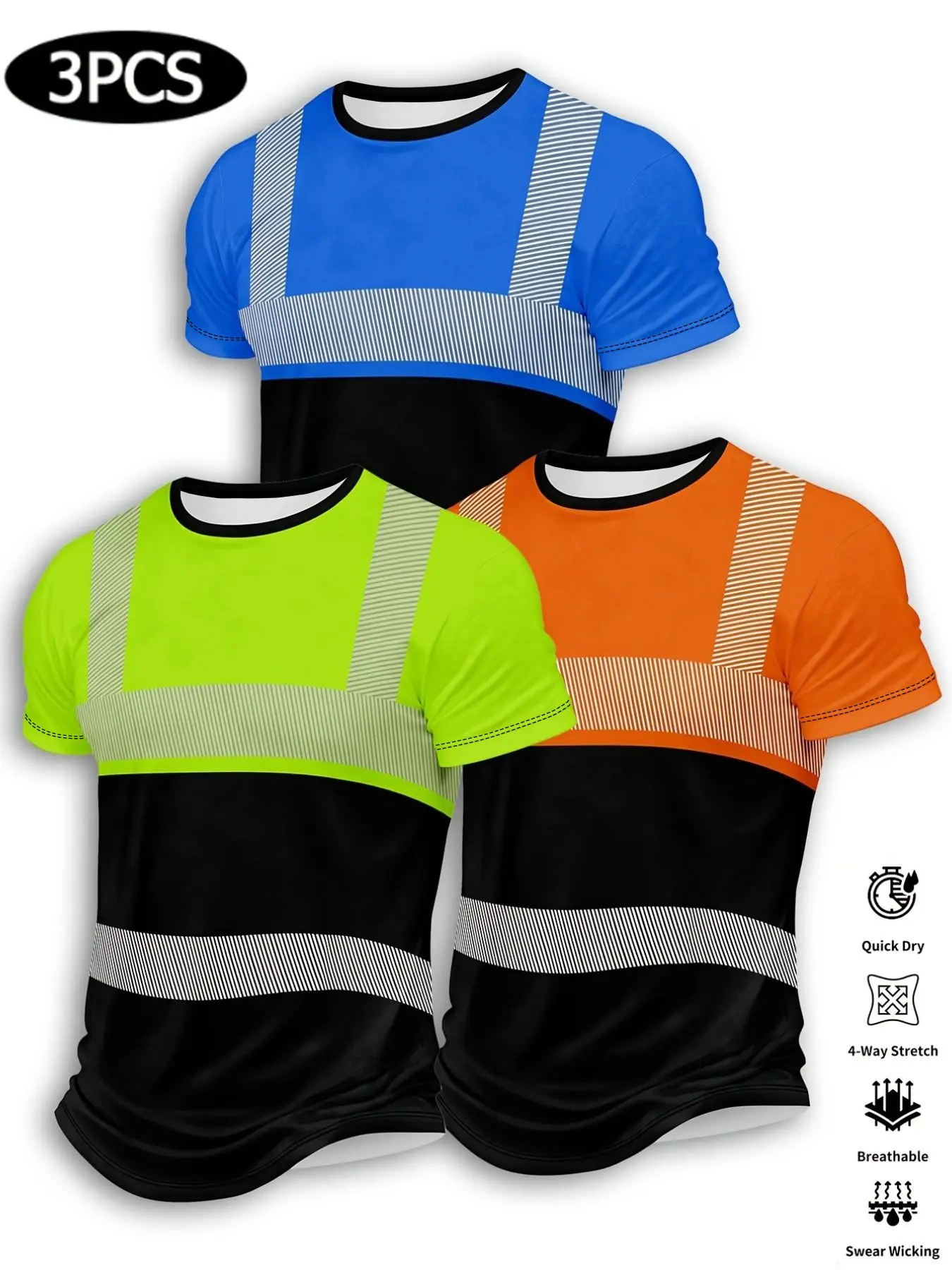 3-Pack Men's Safety Workwear Short Sleeve T-Shirts, Quick-Dry, Four-Way Stretch, Breathable, Moisture-Wicking, Round Neck, Casual Style