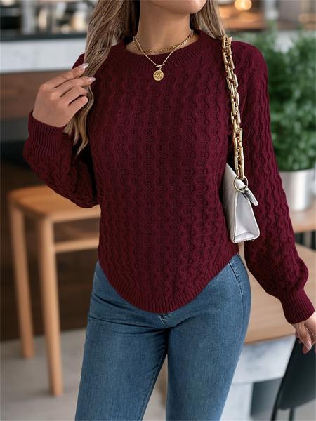 Women's Textured Curved Hem Cable Knit Sweater, Casual Long Sleeve Round Neck Jumper for Fall & Winter, Fashion Ladies' Knitwear for Daily Wear
