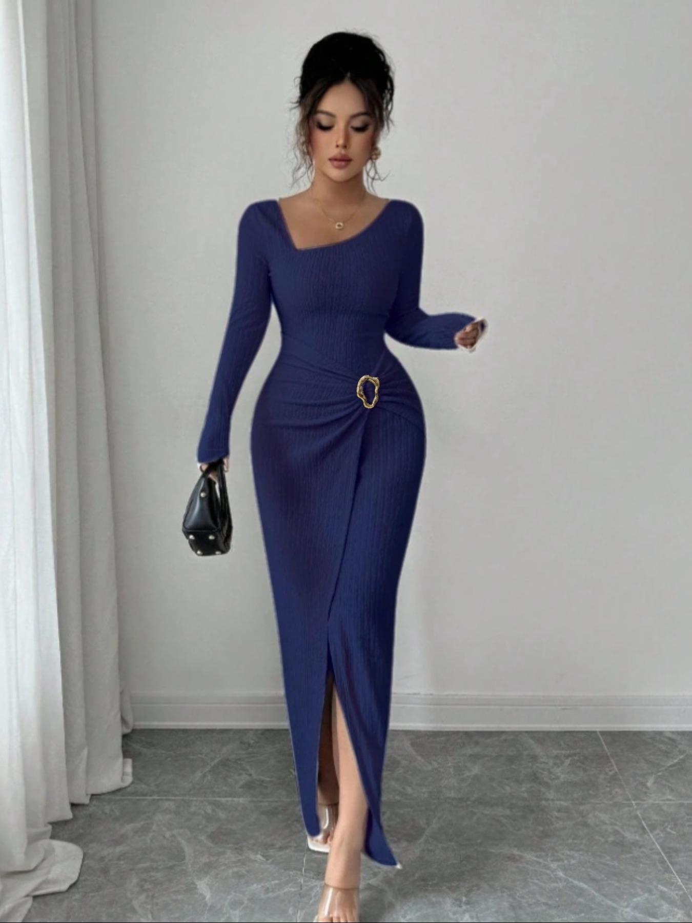 Women's Fashion Solid Color Twisted Long Dress, Asymmetrical-Neck Knitted Texture Bodycon Slit Design Dress, Classy Modest Fall Winter Women Clothes