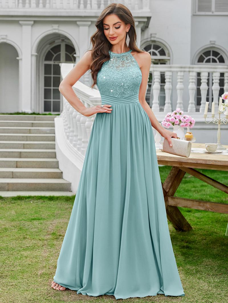 MIUSOL 24447A Women's Sequin Lace Sleeveless Halter Tie Back Ruched Waist Design Formal Evening Gowns Maxi Dress for Formal Event, Evening Party, Banquet, Festival, Quinceaneradress, Bridesmaid Dress