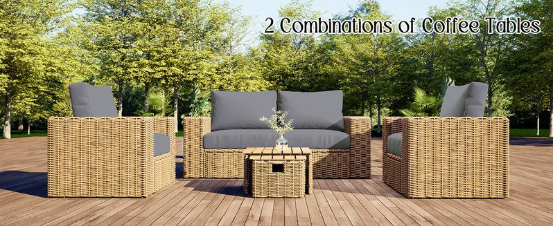 VanAcc 5 Piece Outdoor Patio Furniture Sets, All Weather Wicker Conversation Set, Rattan Sofa Chair with Washable Cushions & 2 Coffee Tables for Garden, Poolside, Backyard, Brown+Grey