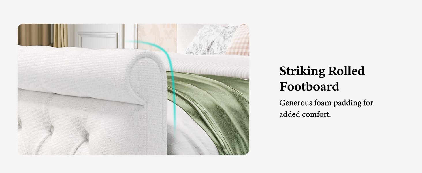 Queen King Size Chenille Upholstered Bed Frame, Sleigh Platform Bed Frames with 51" Tall Wingback Headboard & 27" Scroll Footboard, Button Tufted/No Box Spring Required/Wood Slats Support/Cream