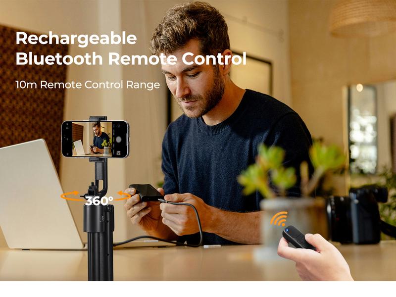 K&F CONCEPT Up to 71” Face Tracking Tripod Selfie Stick | 360° Rotation + Bluetooth Remote + Stand | 2 Fill Lights (Optional) | Black/White Textured (White Same as Black), for Travel/Live Streaming/Vloggers