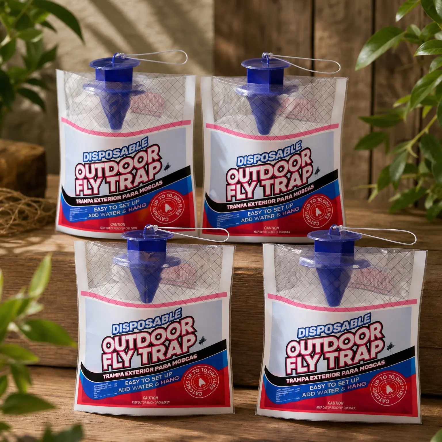 Outdoor Fly Traps for Patio - 4 Non-Toxic Pre-Baited Disposable Hanging Bags, Bug Catcher for Filth Flies, Yard, Horse Ranch & Trash Can ControlGift